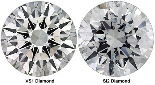 Two round diamonds showing VS1 clarity and SI2 clarity.