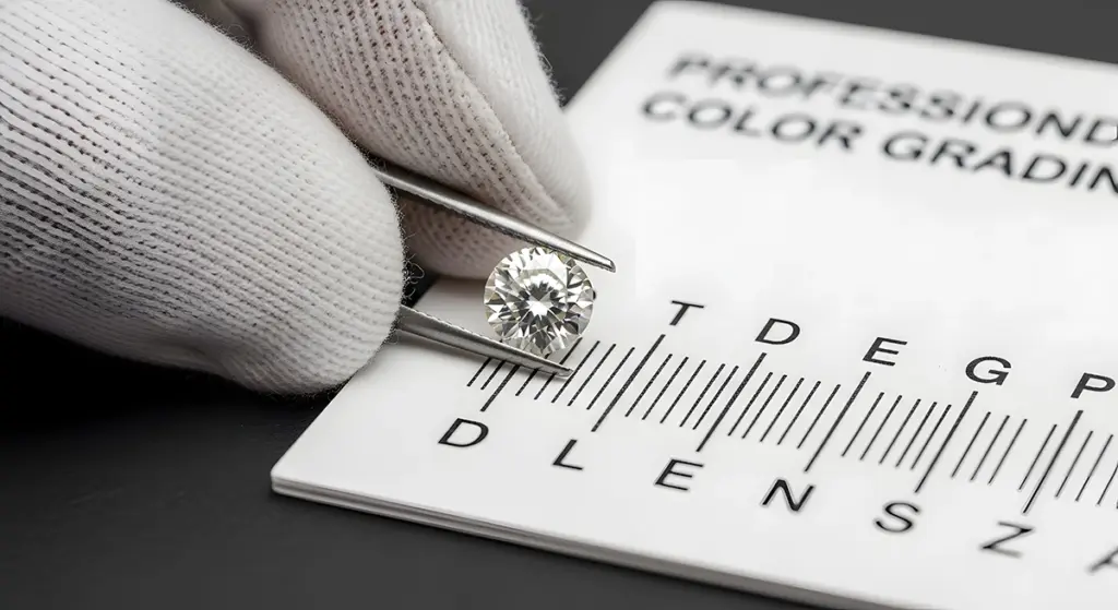 Gloved hands holding a round brilliant diamond with tweezers over a professional color grading card during gemstone appraisal