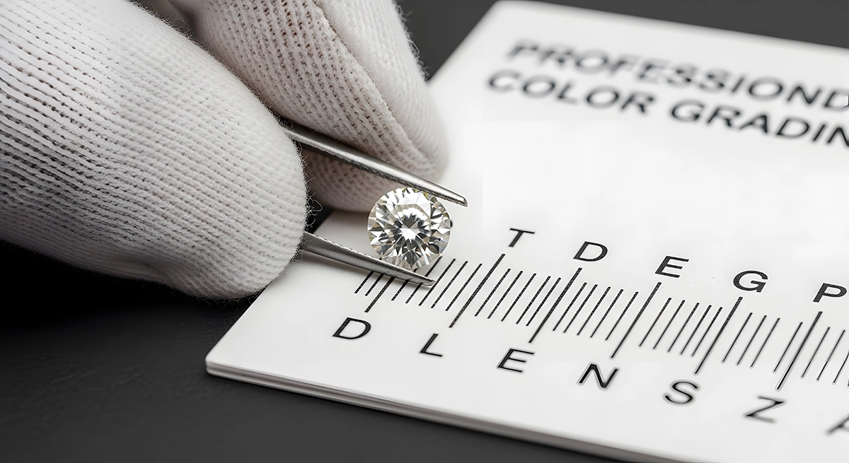 Gloved hands holding a round brilliant diamond with tweezers over a professional color grading card during gemstone appraisal