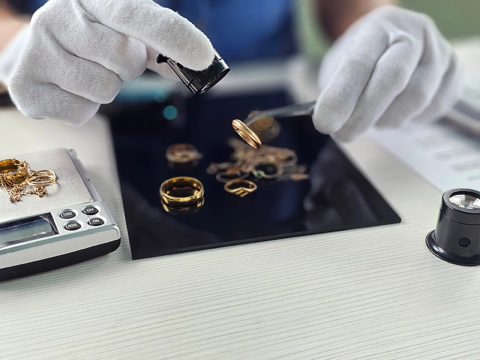 Jewelry appraiser using a loupe and precision scale to assess gold rings and fine jewelry