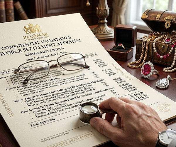 a picture of a divorce settlement jewelry appraisal with glasses and a loupe in the jewelers hand