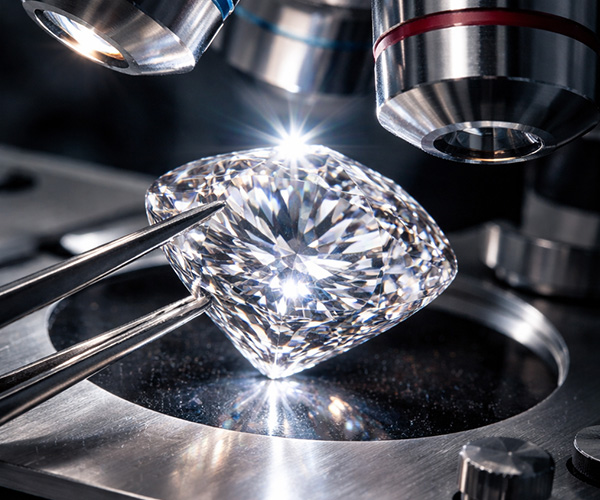 a close-up picture of a diamond being inspected by a microscope