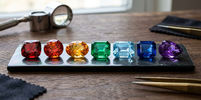 a close-up image of birthstones set on a table in order of the color of a rainbow. A loupe can be seen beside them on the table, inferring the gems were being inspected carefully