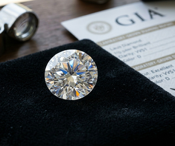 a close-up image of a lab-grown diamond on piece of velvet fabric resting on a table