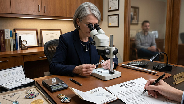 an image of a jewelry appraiser examining a ring under a microscope