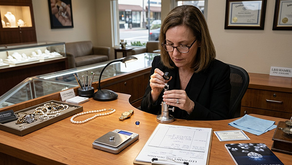 an image of a jewelry appraiser examining a ring with a loupe