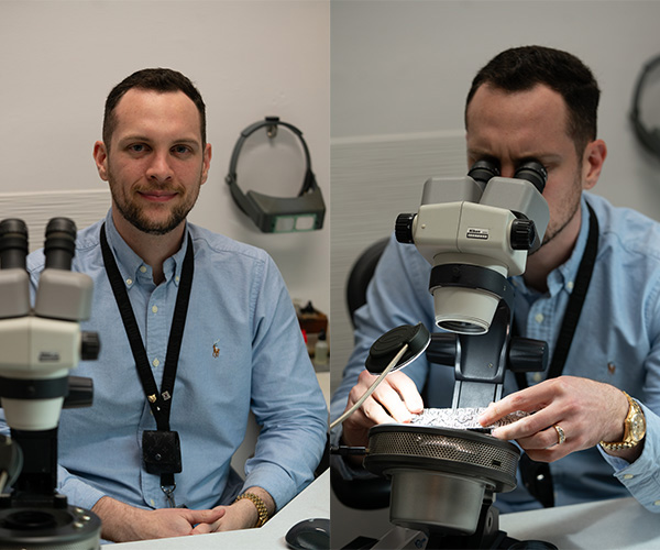 a collage of two photos. on the left, a picture of Elliot Grunwald, our Gemologist. On the right, Elliot is looking at a diamond bracelet with a microscope