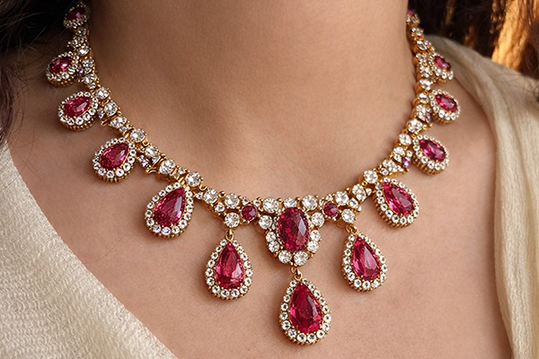 a close up image of a woman wearing a ruby and diamond necklace