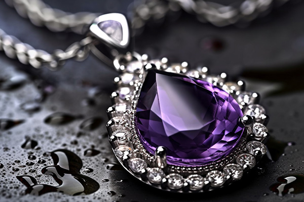 a close up image of a amethyst necklace with a halo of diamonds around the necklace