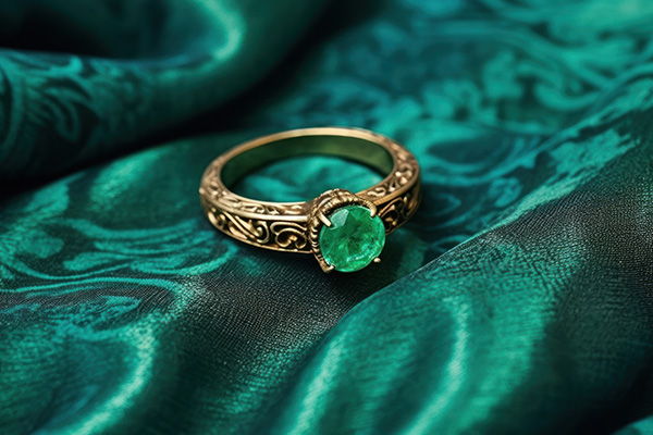 a close up image of an emerald ring resting on fabric.