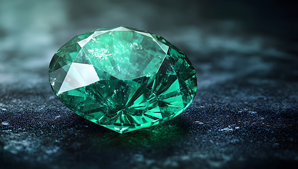 a close up image of a emerald with a round brilliant cut.