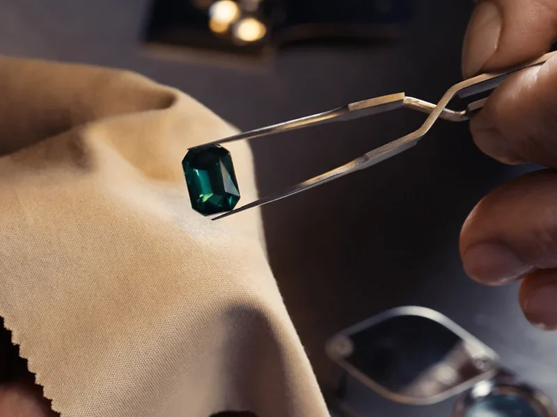 Close-up of a person using reverse tweezers to hold an emerald gemstone up for examination, with a soft microfiber cloth visible in the background.