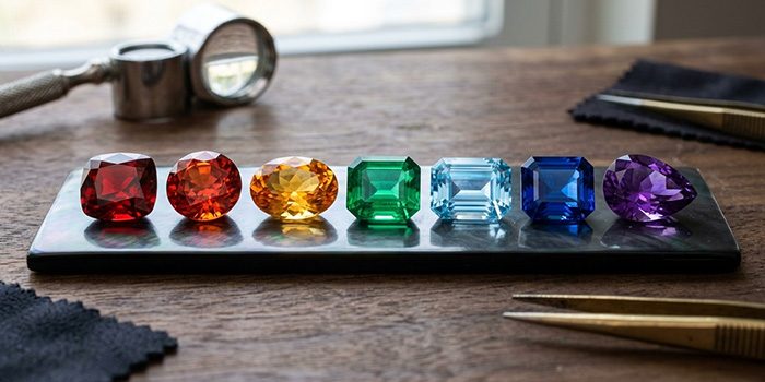 a close-up image of birthstones set on a table in order of the color of a rainbow. A loupe can be seen beside them on the table, inferring the gems were being inspected carefully