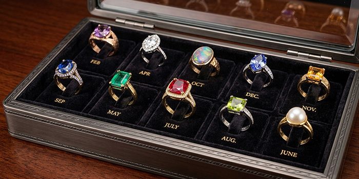 a close-up image of birthstones set in various different rings on showcase in a luxury jewelry display. The birthstone rings are labeled with their respective month
